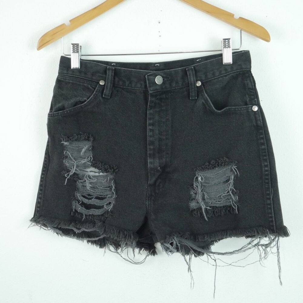 Vintage Wrangler Black Denim Cutoff Shorts Distressed Bareback Western 29" USA - Picture 1 of 8